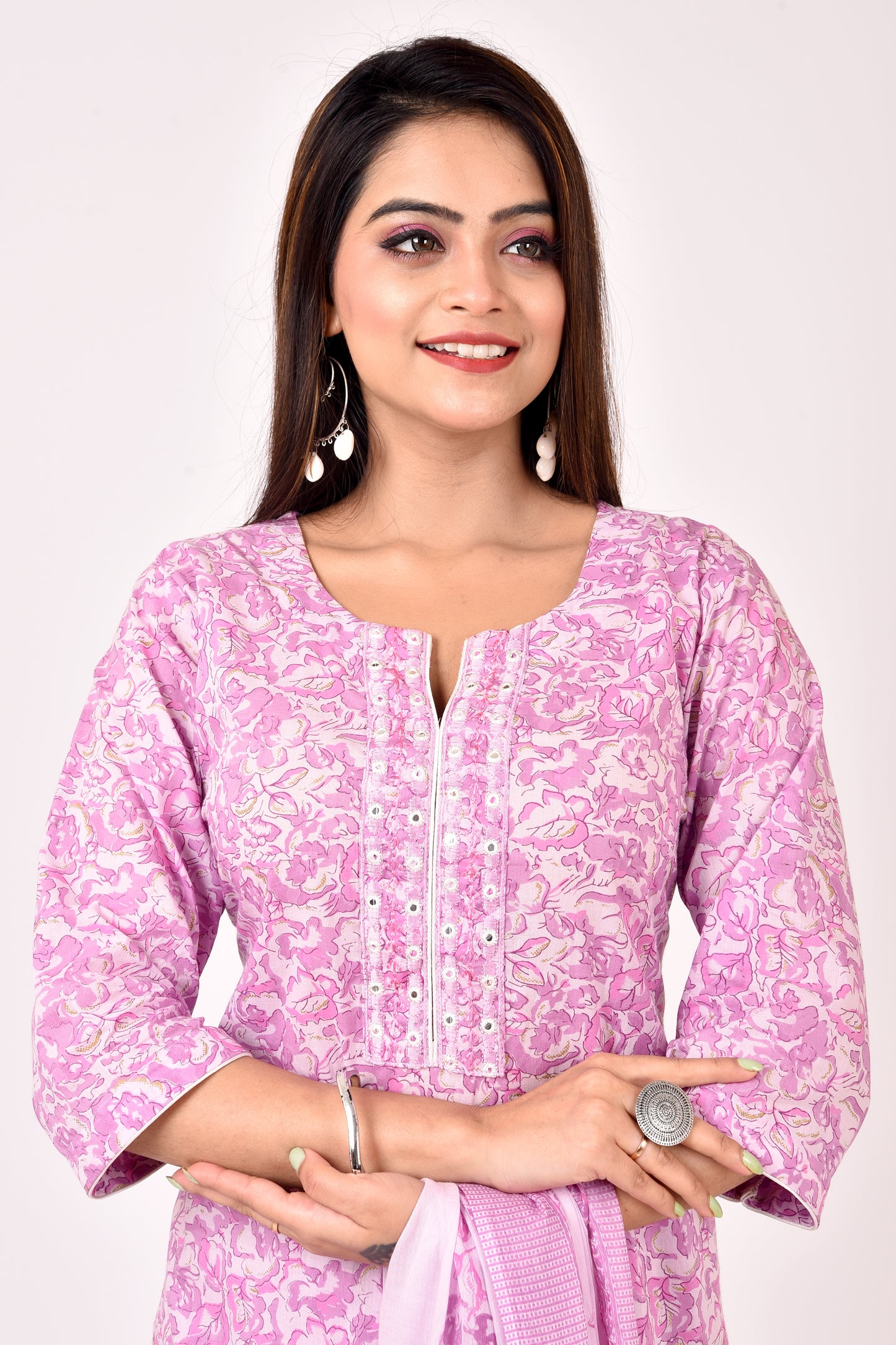 Lilac Floral Print  Embroidered Kurta With Pant & Dupatta