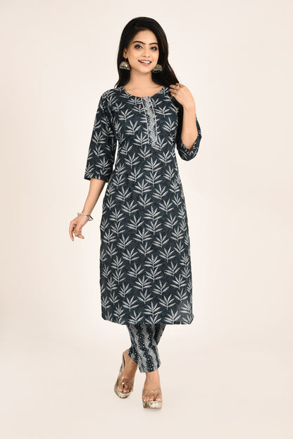 Midnight Blue Leaf Print Kurta With Pant