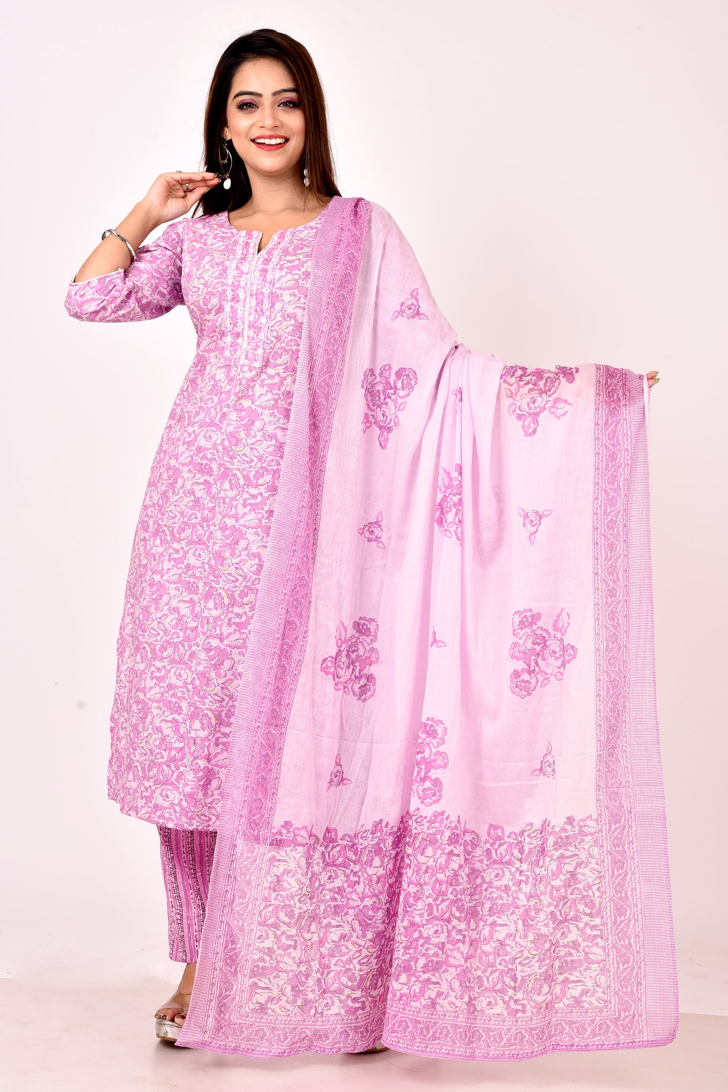 Lilac Floral Print  Embroidered Kurta With Pant & Dupatta