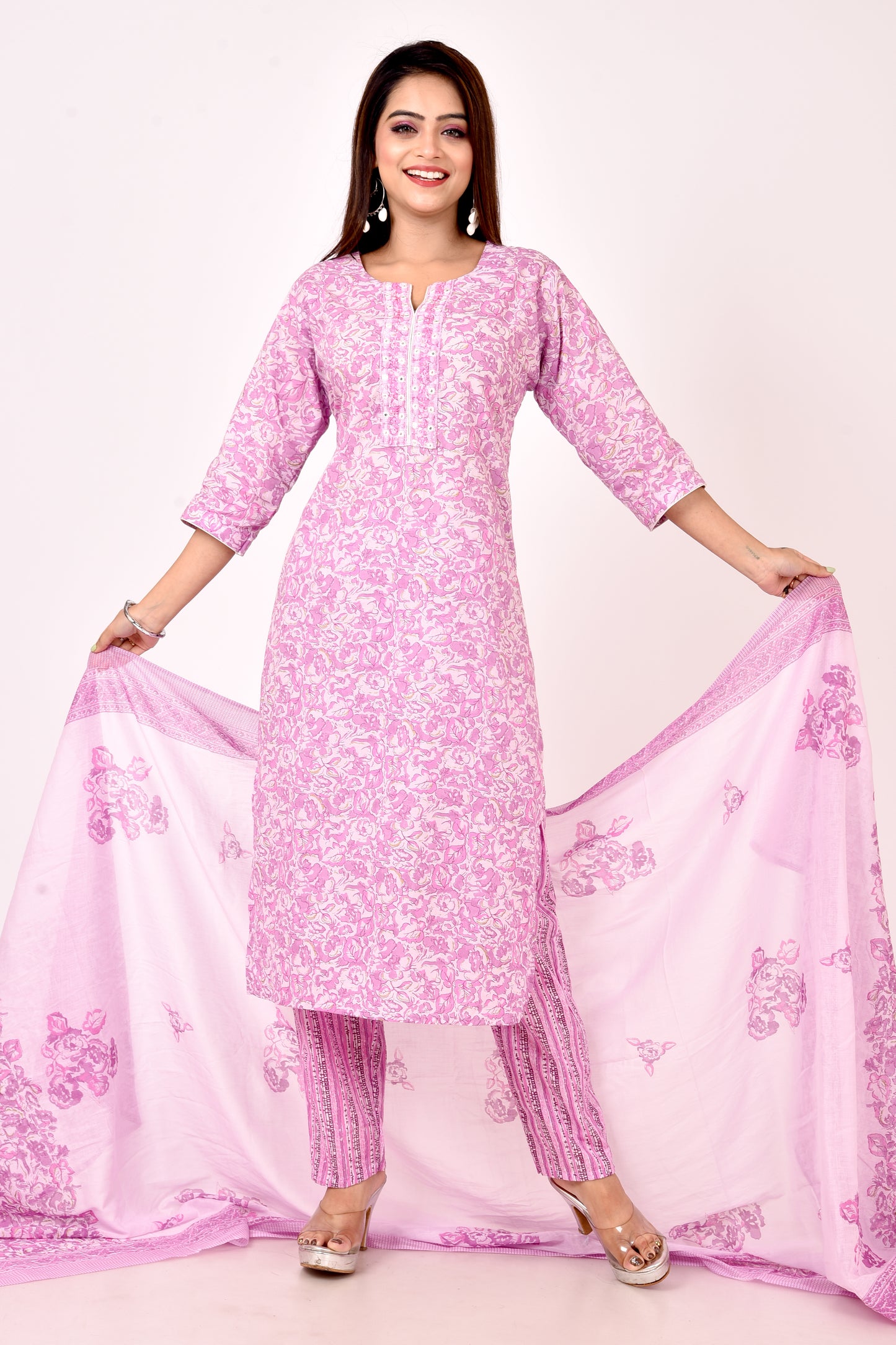 Lilac Floral Print  Embroidered Kurta With Pant & Dupatta