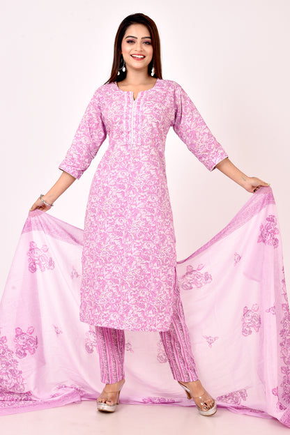 Lilac Floral Print  Embroidered Kurta With Pant & Dupatta