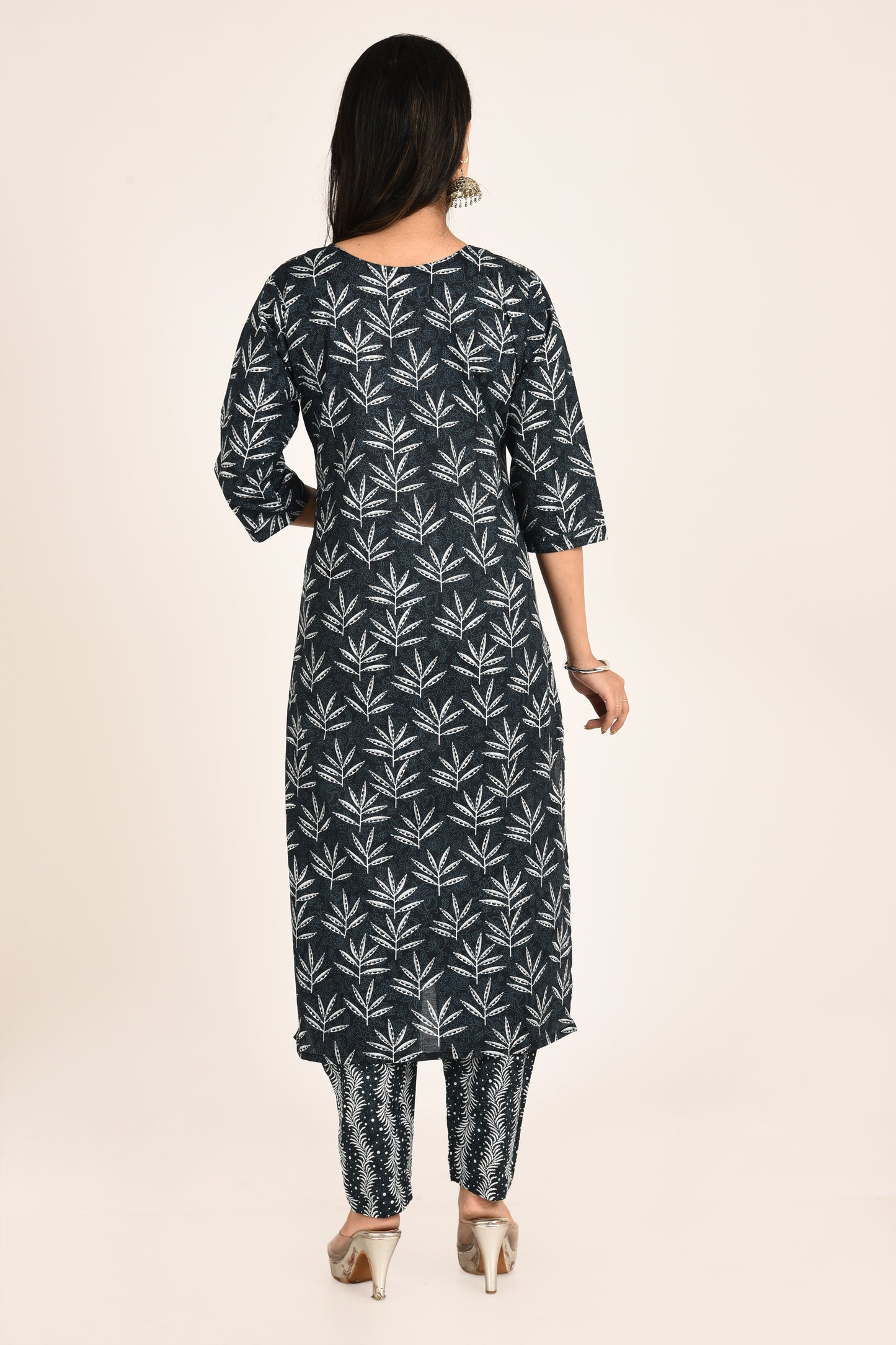 Midnight Blue Leaf Print Kurta With Pant