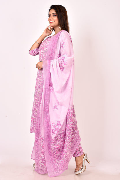 Lilac Floral Print  Embroidered Kurta With Pant & Dupatta