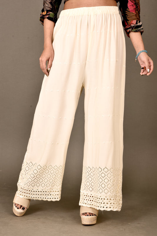 Beige Schiffli Embroidered Palazzo