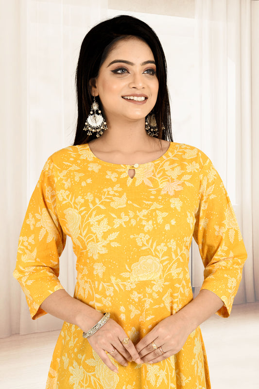 Yellow Floral Print Flared Kurta