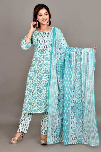 Off-White & Blue Floral Print Kurta With Pant & Dupatta