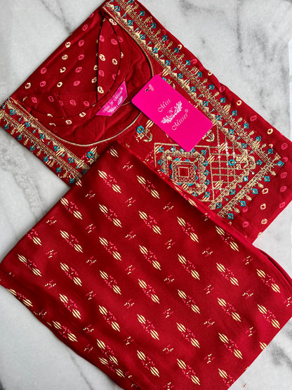 Maroon Embroidered Kurta With Pant