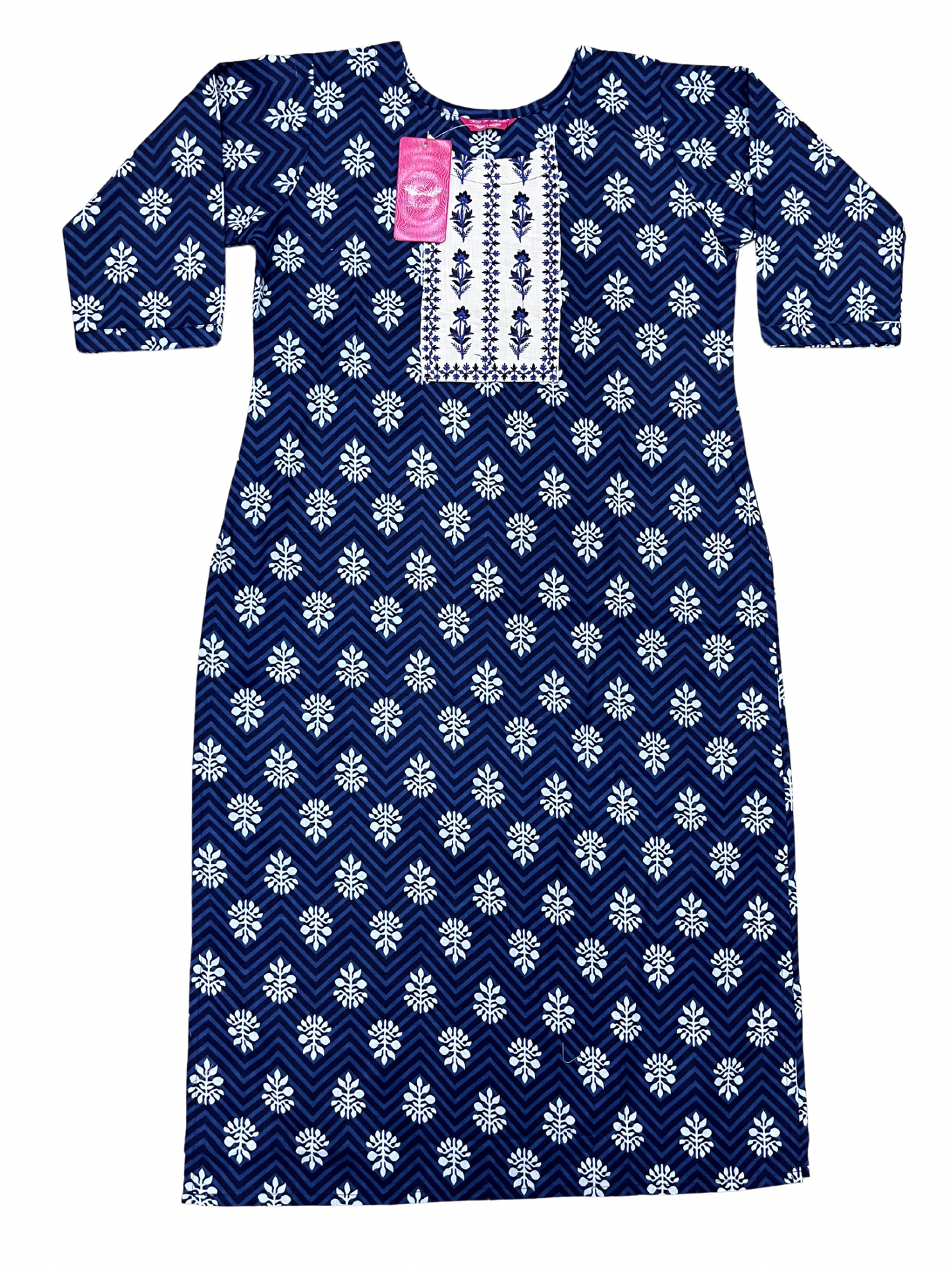 Navy Blue Floral Embroidered Straight Kurta