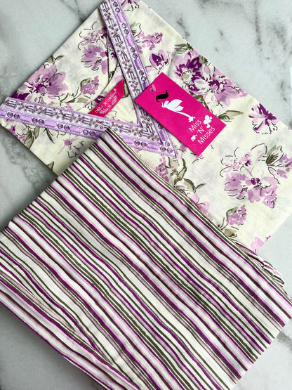 White & Purple Floral Print Embroidered Kurta With Pant