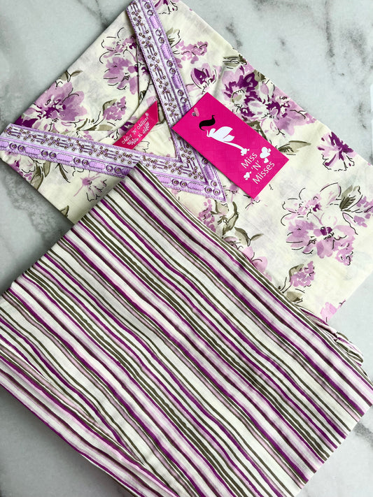 White & Purple Floral Print Embroidered Kurta With Pant