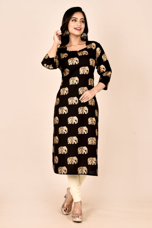 Black Elephant Print Straight Kurta