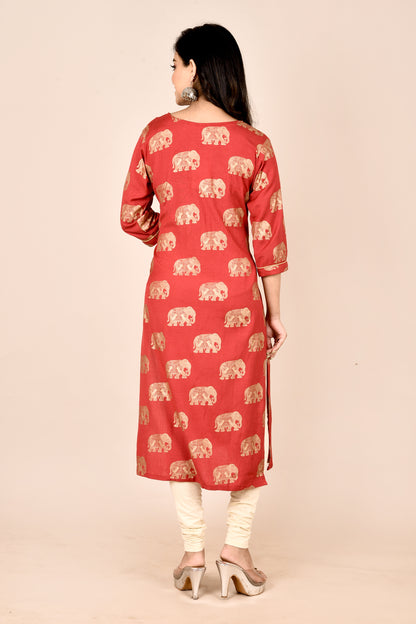 Red Elephant Print Straight Kurta