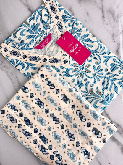 Aqua Blue Floral Print Kurta With Pant