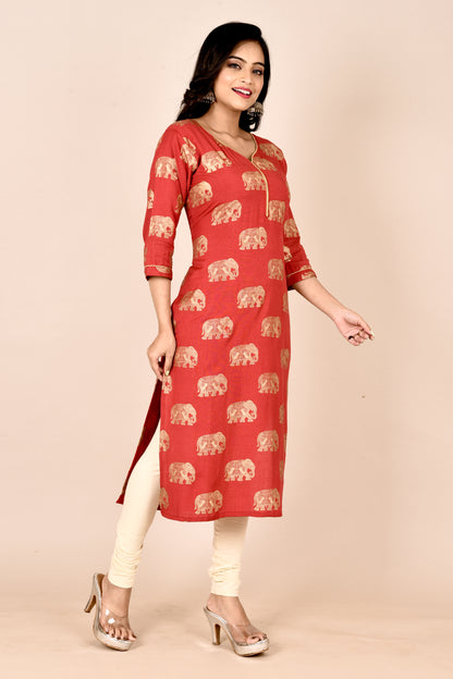 Red Elephant Print Straight Kurta