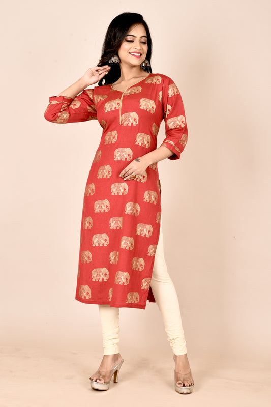 Red Elephant Print Straight Kurta