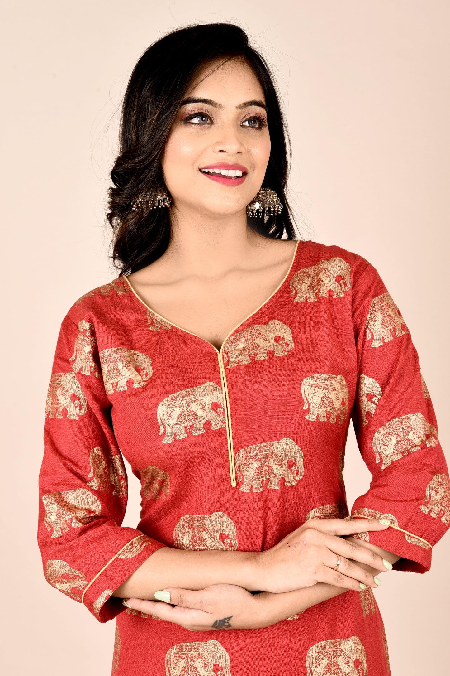 Red Elephant Print Straight Kurta