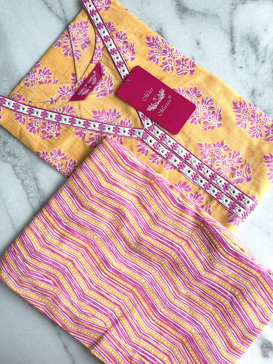Yellow & Pink Floral Print Embroidered Kurta With Pant