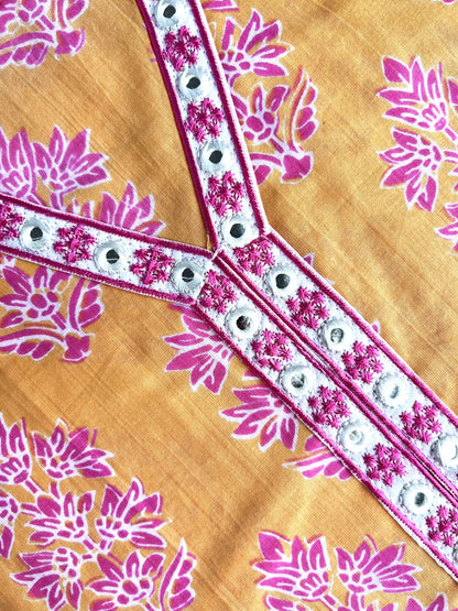 Yellow & Pink Floral Print Embroidered Kurta With Pant