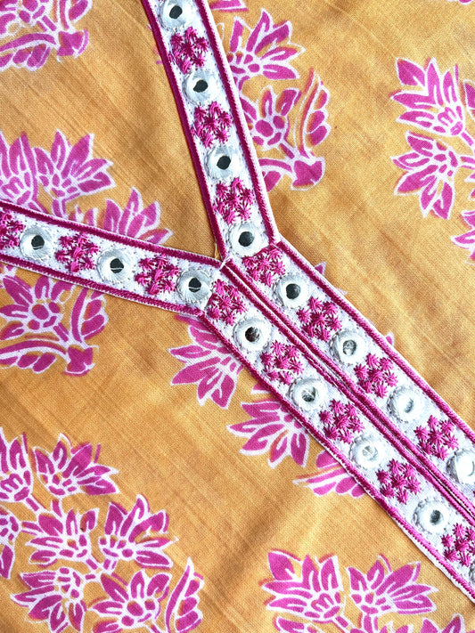 Yellow & Pink Floral Print Embroidered Kurta With Pant