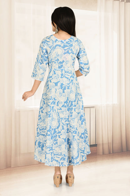 Sky Blue Abstract Floral Print Flared Kurta