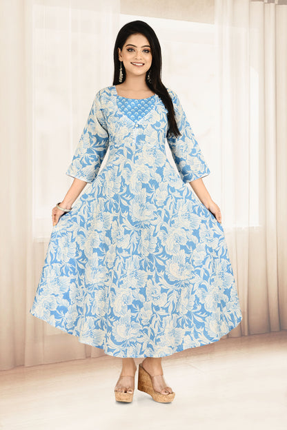 Sky Blue Abstract Floral Print Flared Kurta