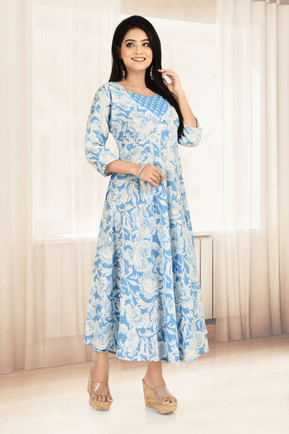 Sky Blue Abstract Floral Print Flared Kurta