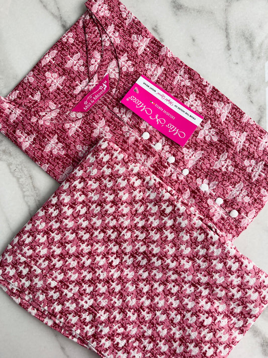 Brown Pink Print Threadwork Kurta With Pant