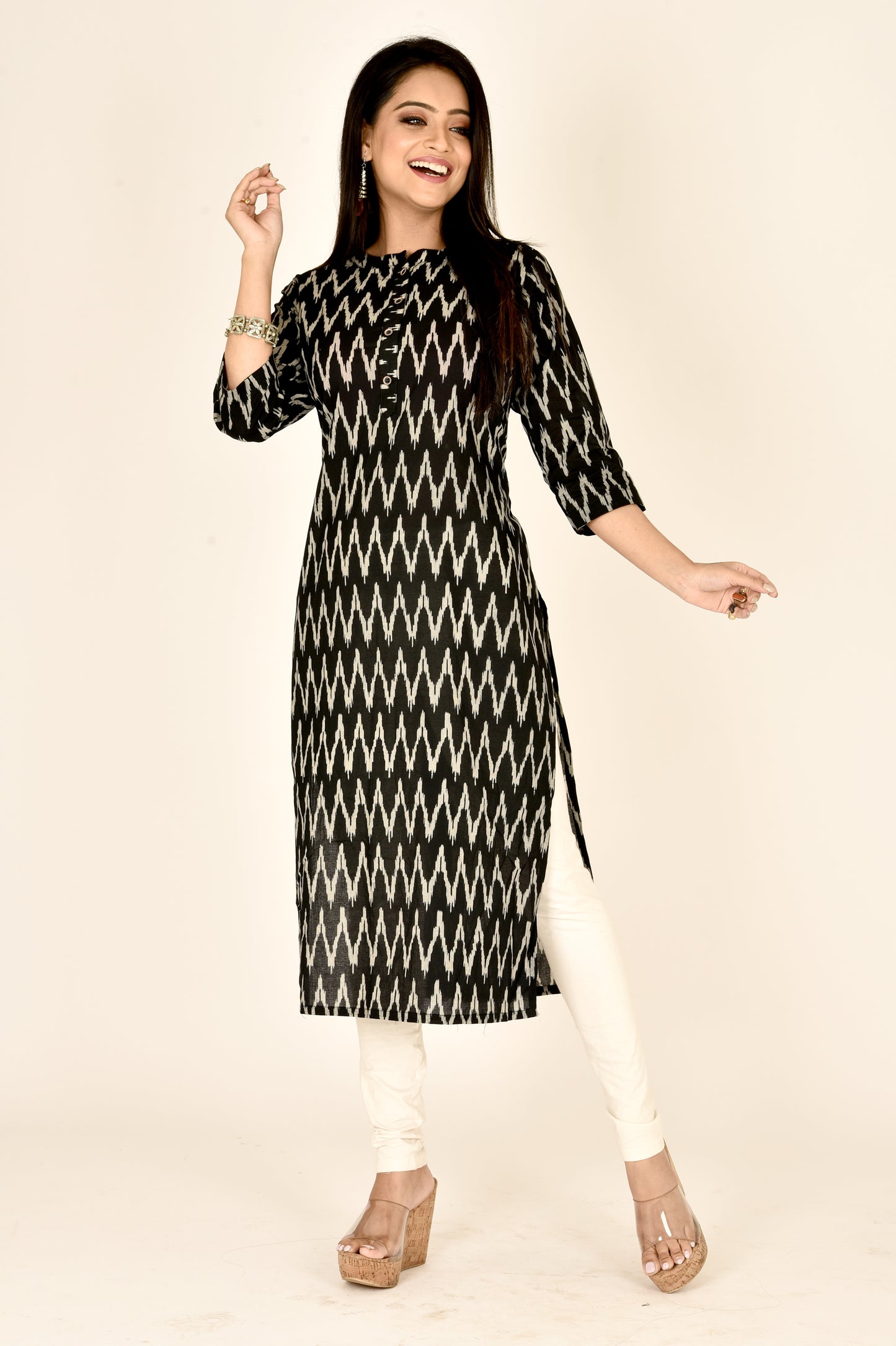 Black Ikkat Print Straight Kurta