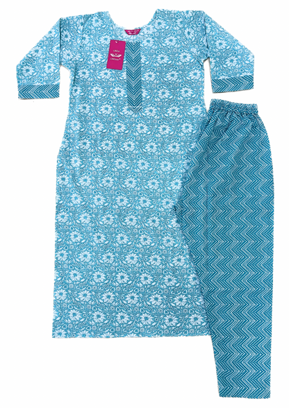 Aqua Blue Floral Print Kurta With Pant