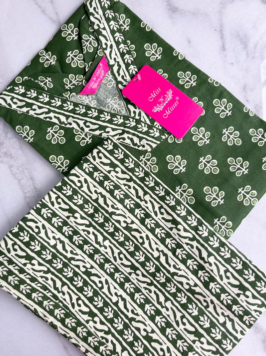 Moss Green Leaf Print Kurta With Pant