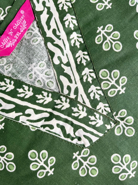 Moss Green Leaf Print Kurta With Pant