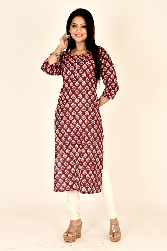 Wine Leaf Printed Straight Kurta