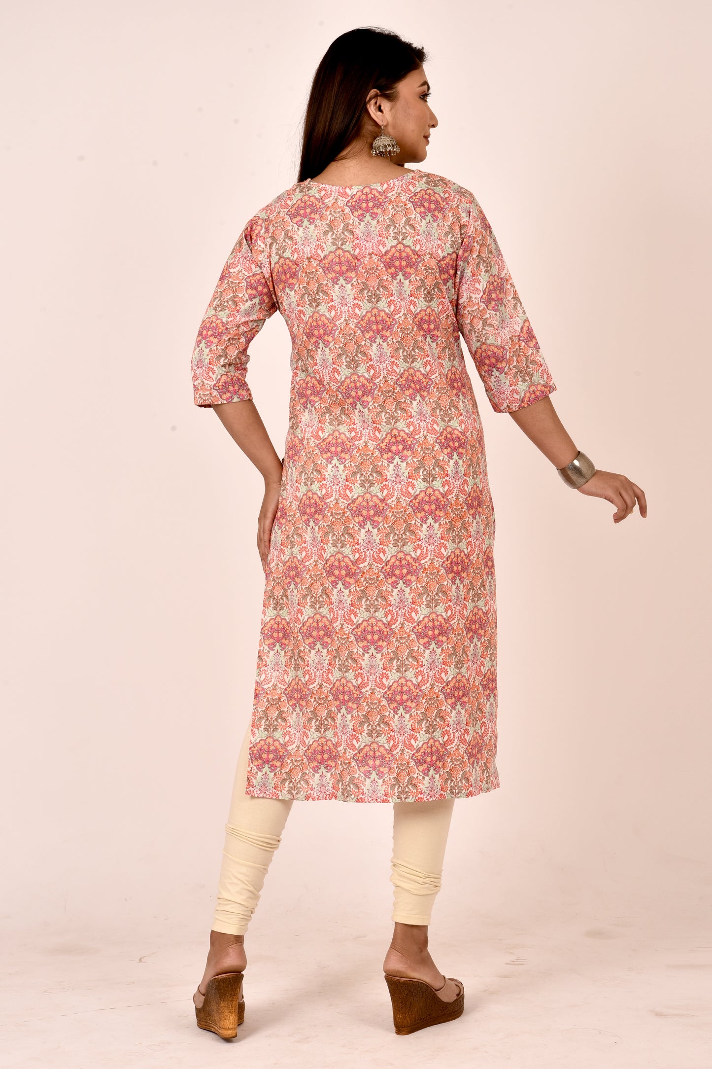 Orange & Pink Ornate Floral Print Straight Kurta