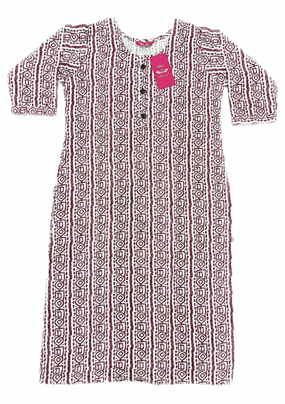 White & Pink Geometric Print Straight Kurta