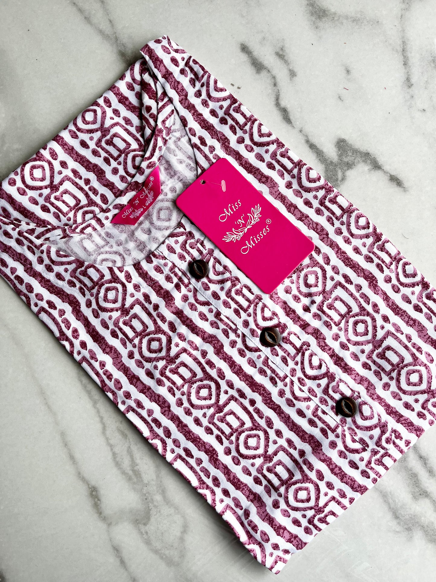 White & Pink Geometric Print Straight Kurta