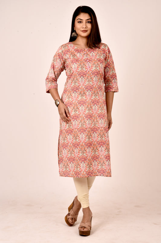 Orange & Pink Ornate Floral Print Straight Kurta