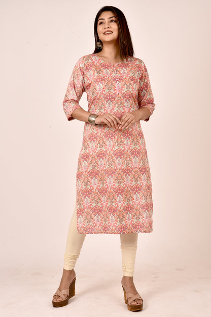 Orange & Pink Ornate Floral Print Straight Kurta