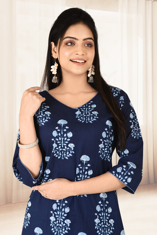 Navy Blue Floral Print Kurta With Pant