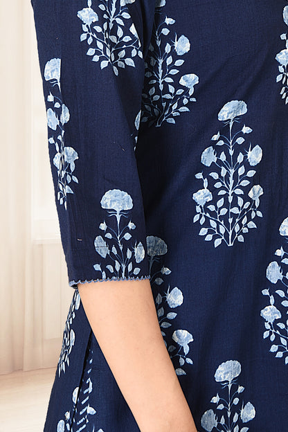 Navy Blue Floral Print Kurta With Pant