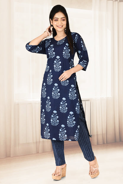 Navy Blue Floral Print Kurta With Pant