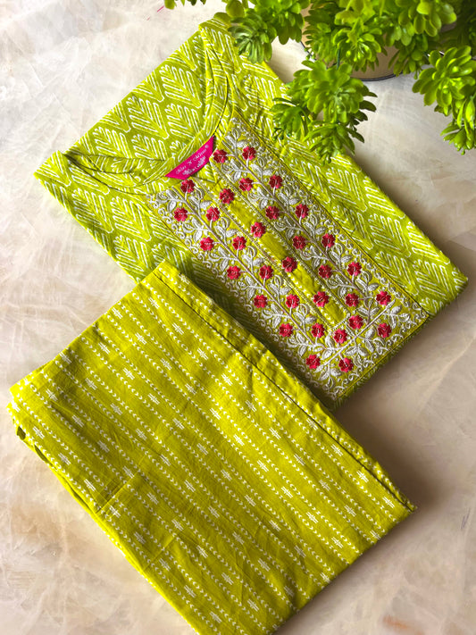 Lime Green Floral Embroidered Kurta Set