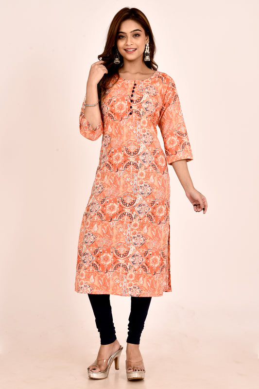 Orange Abstract Print Straight Kurta