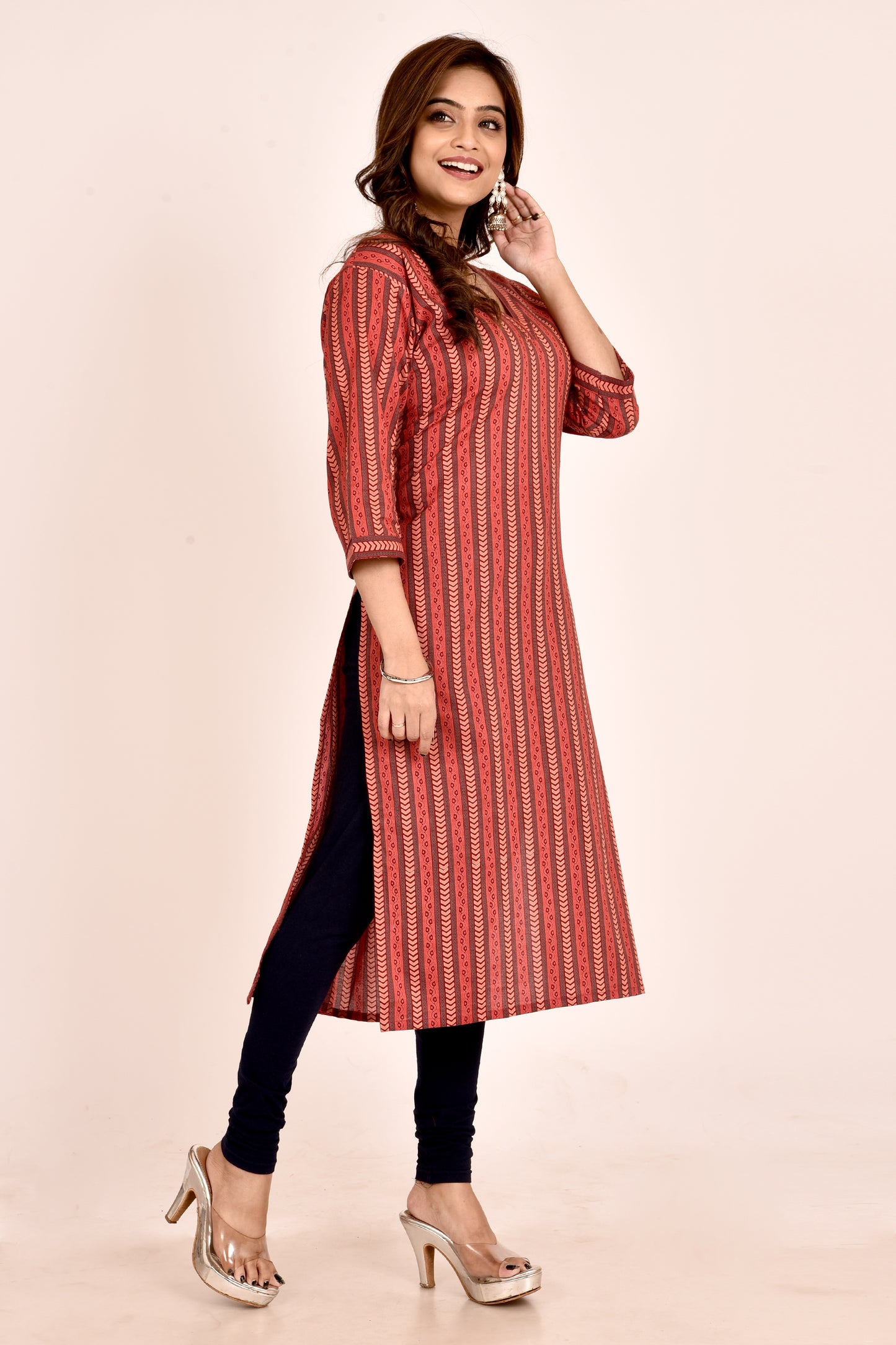 Chili Red Striped Straight Kurta