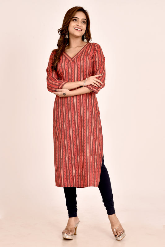 Chili Red Striped Straight Kurta