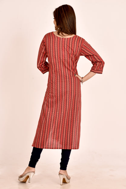 Chili Red Striped Straight Kurta