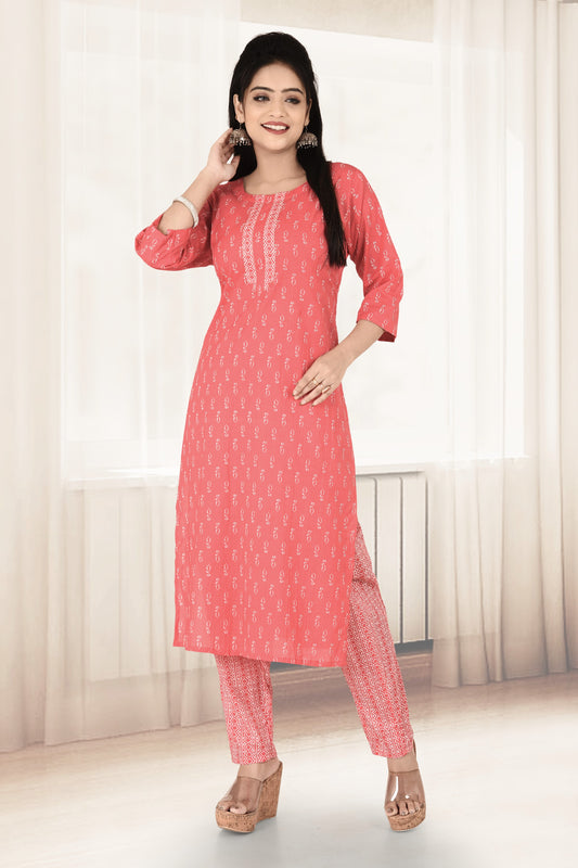 Warm Pink Tulip Print Kurta With Pant