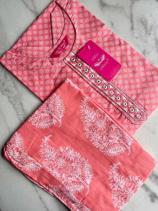 Salmon Pink Embroidered Kurta With Pant