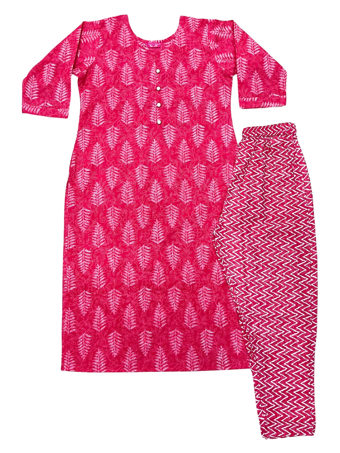 Red Fern Leaf Print Kurta With Pant