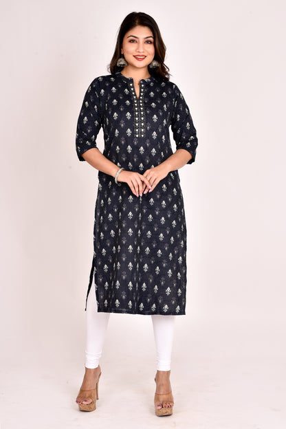 Black Embroidered Threadwork Straight Kurta