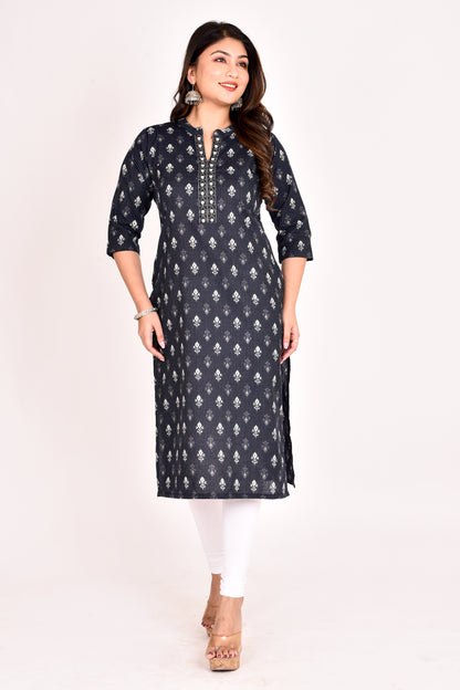 Black Embroidered Threadwork Straight Kurta